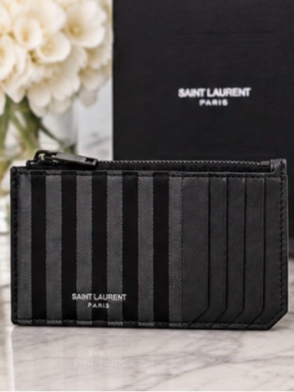 Saint Laurent Black Striped Zip Card Holder